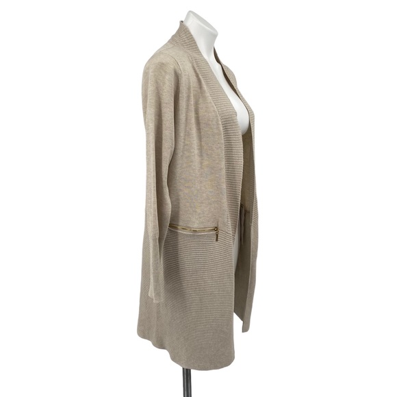 Premise Knit Ribbed Oatmeal Open Cardigan with Zip Pockets Small - Picture 4 of 14